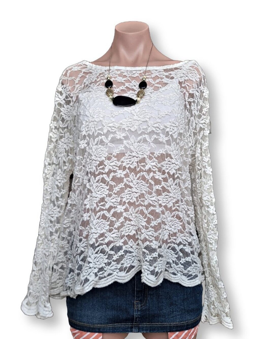 Lily Morgan White Lace Mesh Sheer Scoop Neck Long Sleeve Boho Top